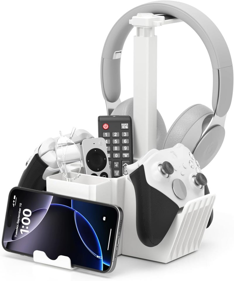 KDD Dual Controller Holder with Headphone Stand - Multi-Functional Desk Storage Box with Phone Holder - Universal Controller Stand with Desktop Organizer for Remote Control Pen Accessories(White) - Image 1